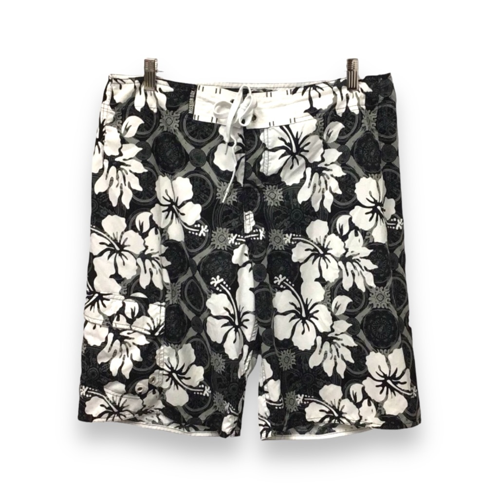 Mission Bay Mens 11” Unlined Surf/Swim Board Shorts, Black Floral, Size 36